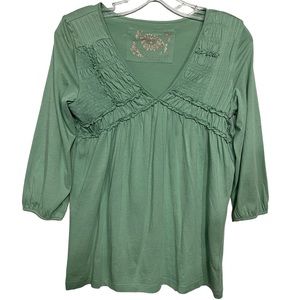 Anthropologie 100% cotton light green v-neck flowy blouse  pleated ruffle front